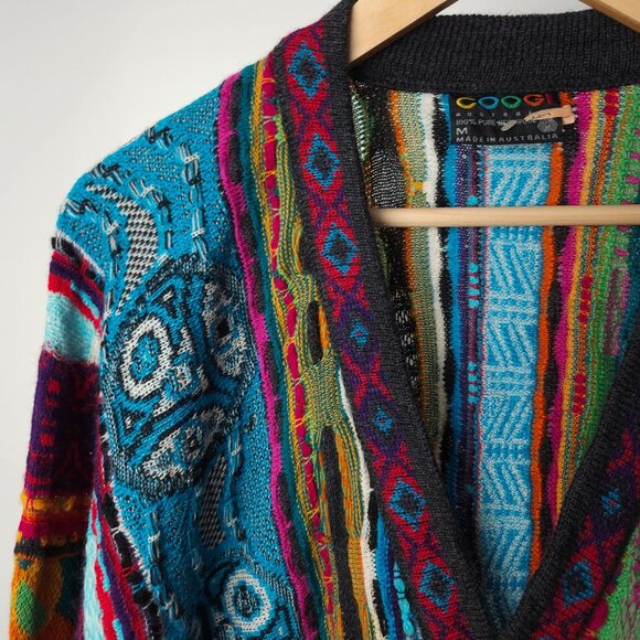 90s COOGI Australia crazy pattern 3D textured wool knitted sweater cardigan - Picture 5 of 12